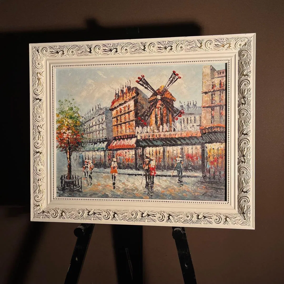 Hand-painted oil painting of a Parisian landscape featuring the Moulin Rouge windmill, with frame,