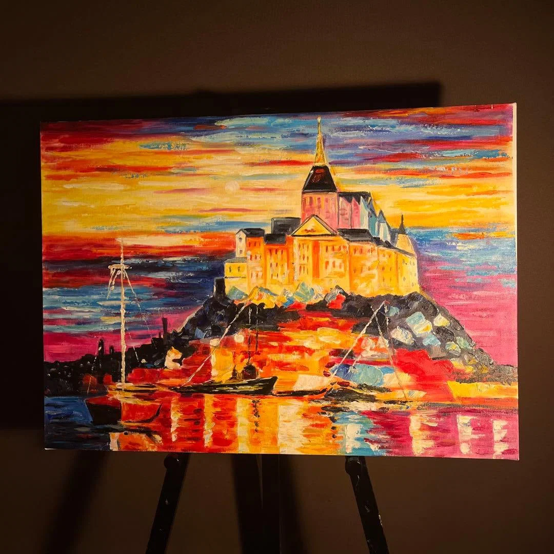 Hand-painted Oil Painting of Mont Saint-Michel, Original Artwork, Interior Decoration