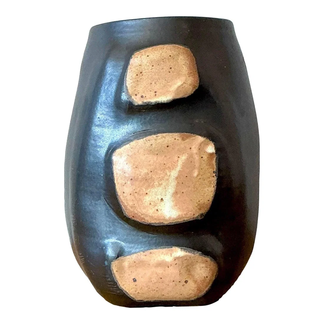Handcrafted Vintage Studio Vase With Ebony Glaze And Raw Clay Panels