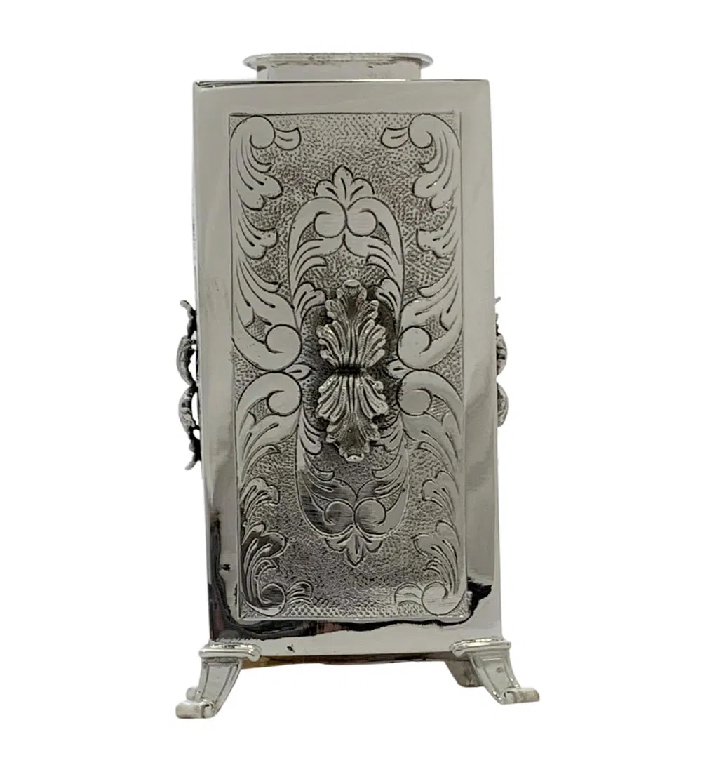 Handmade 925 Sterling Silver Tzedaka Box with Chased Leaf Design