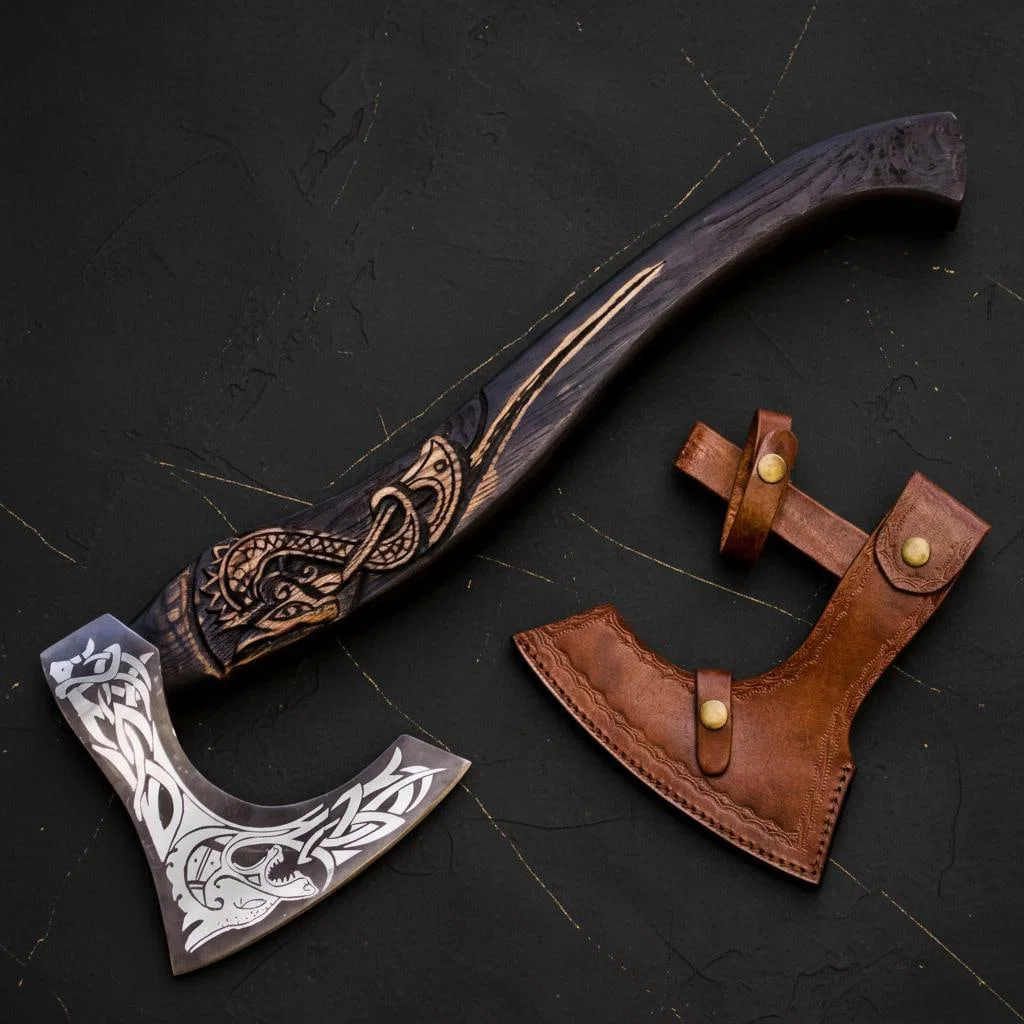 Handmade Carbon Steel Viking Axe Bearded Throwing Hatchet with Leather Sheath