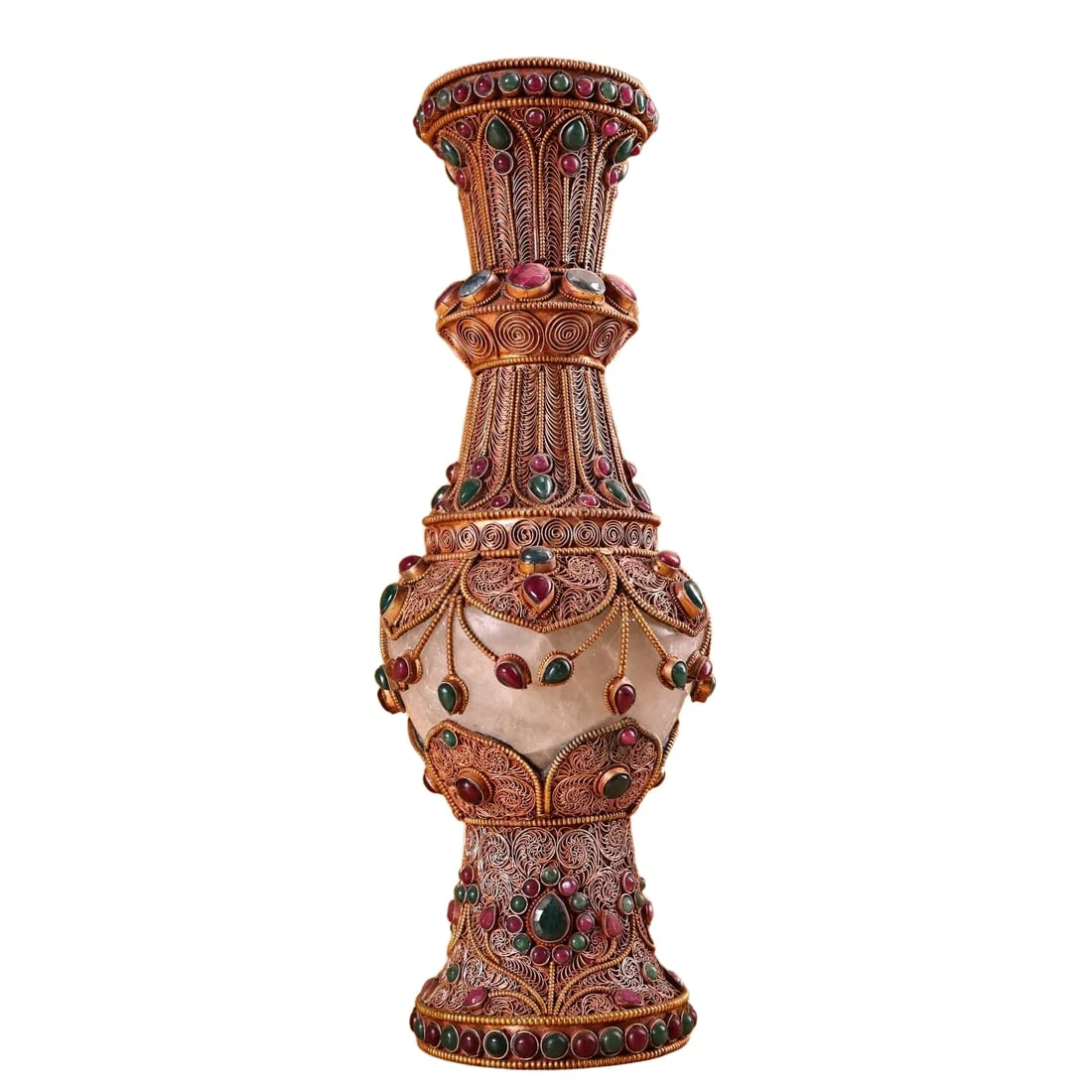 Handmade flower silk inlaid with gemstones, natural crystal vase, treasure pot.