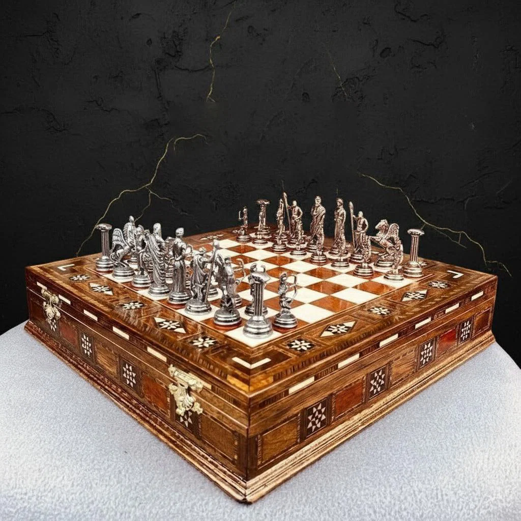 Handmade Greek Mythology Chess Set Metal Olympus Gods & Inlaid Rosewood Storage Board