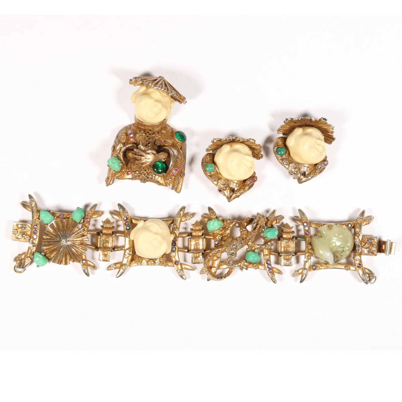 HAR Laughing Buddha parure with panel bracelet including Peking glass moonrock stones, art glass,