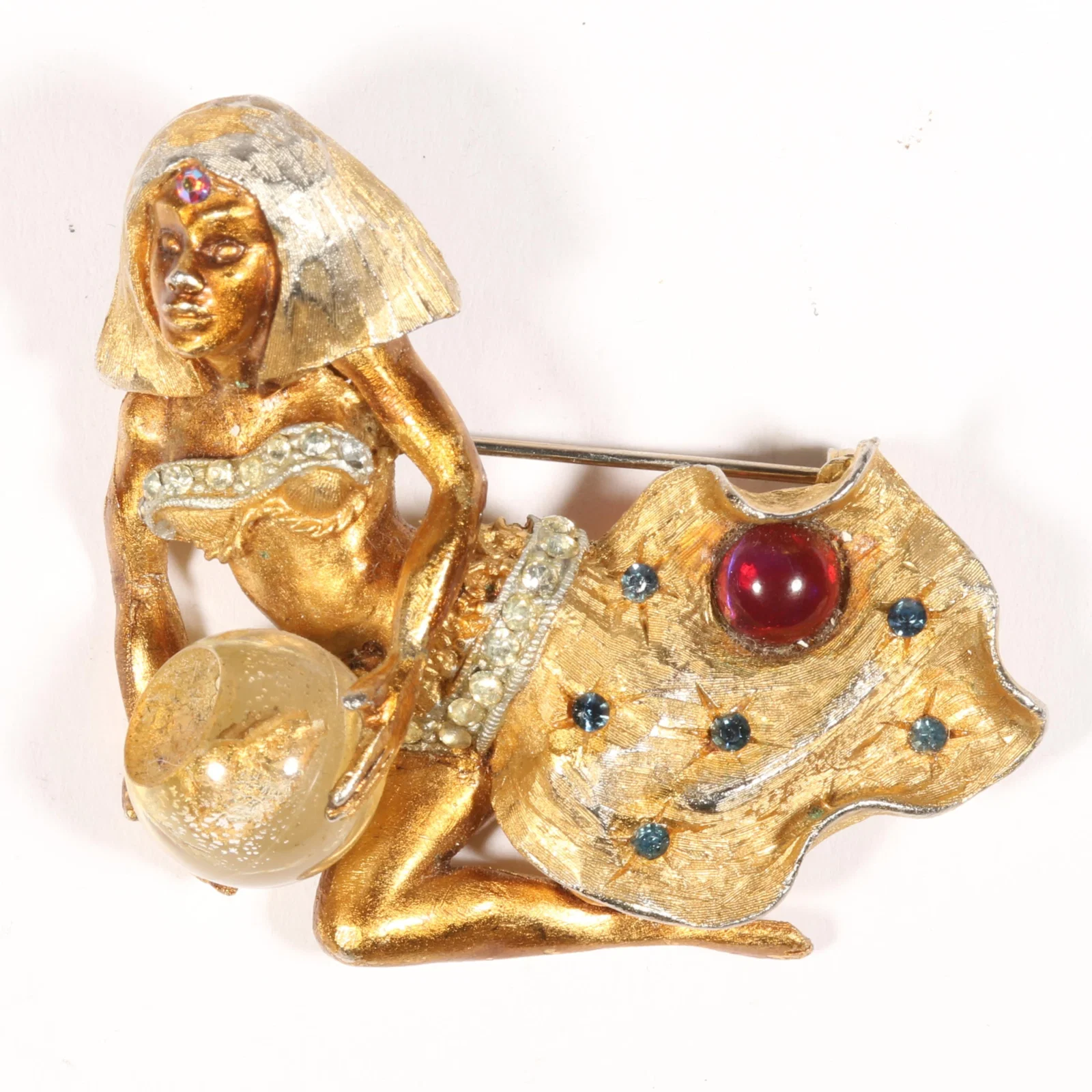 HAR vintage lady fortune teller genie brooch and "crystal" ball with fish and dragon breath cabochon