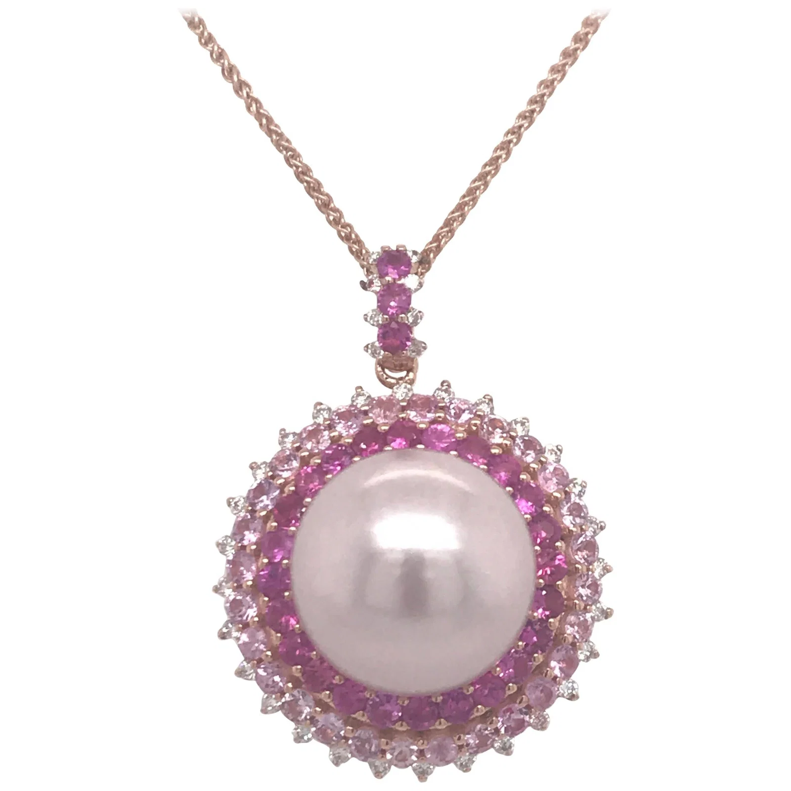 Harbor Diamonds 18K Rose Gold Pink Sapphire Pearl Pendant Necklace