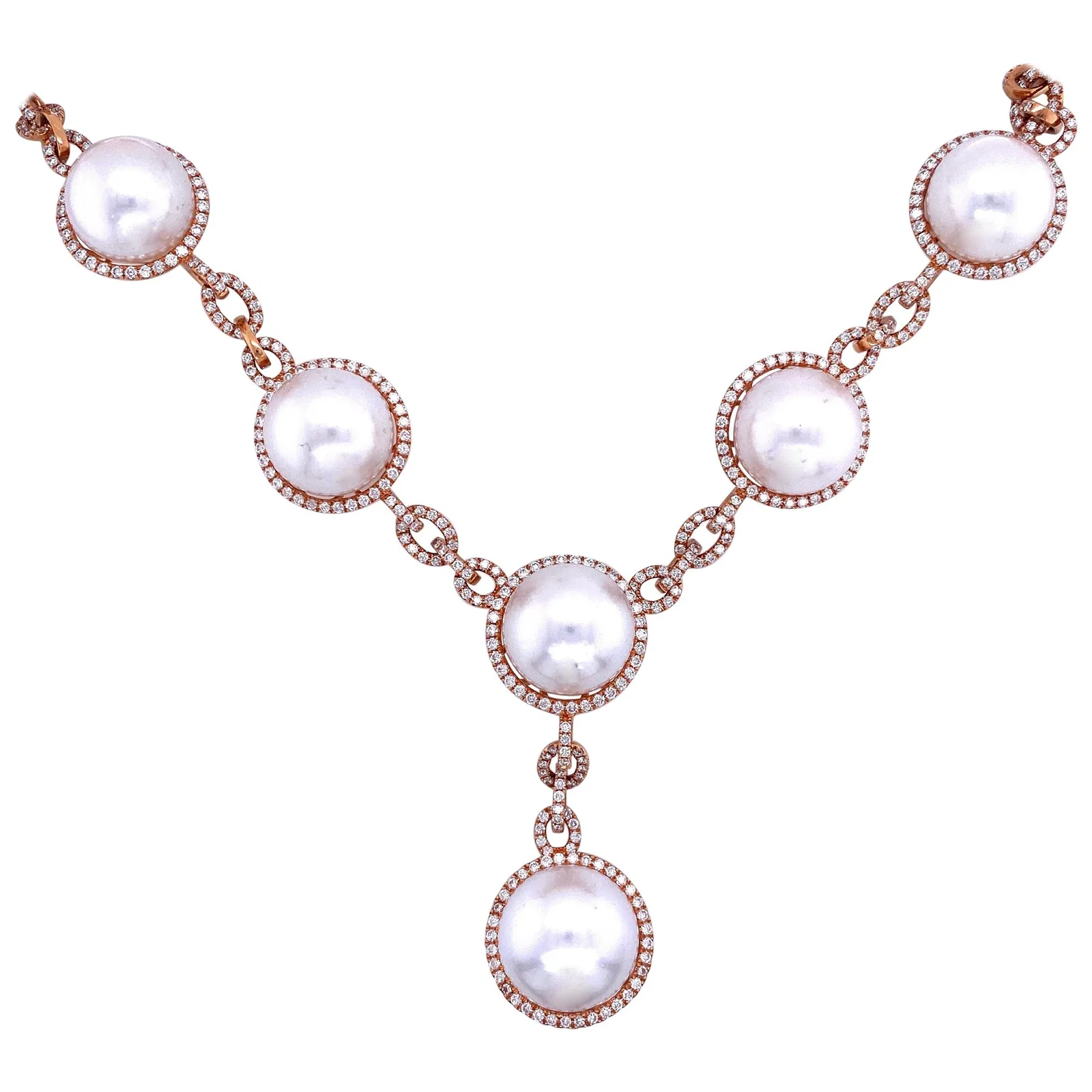 Harbor Diamonds 18K Rose Gold South Sea Pearl Diamond Drop Necklace 4.20 Carats