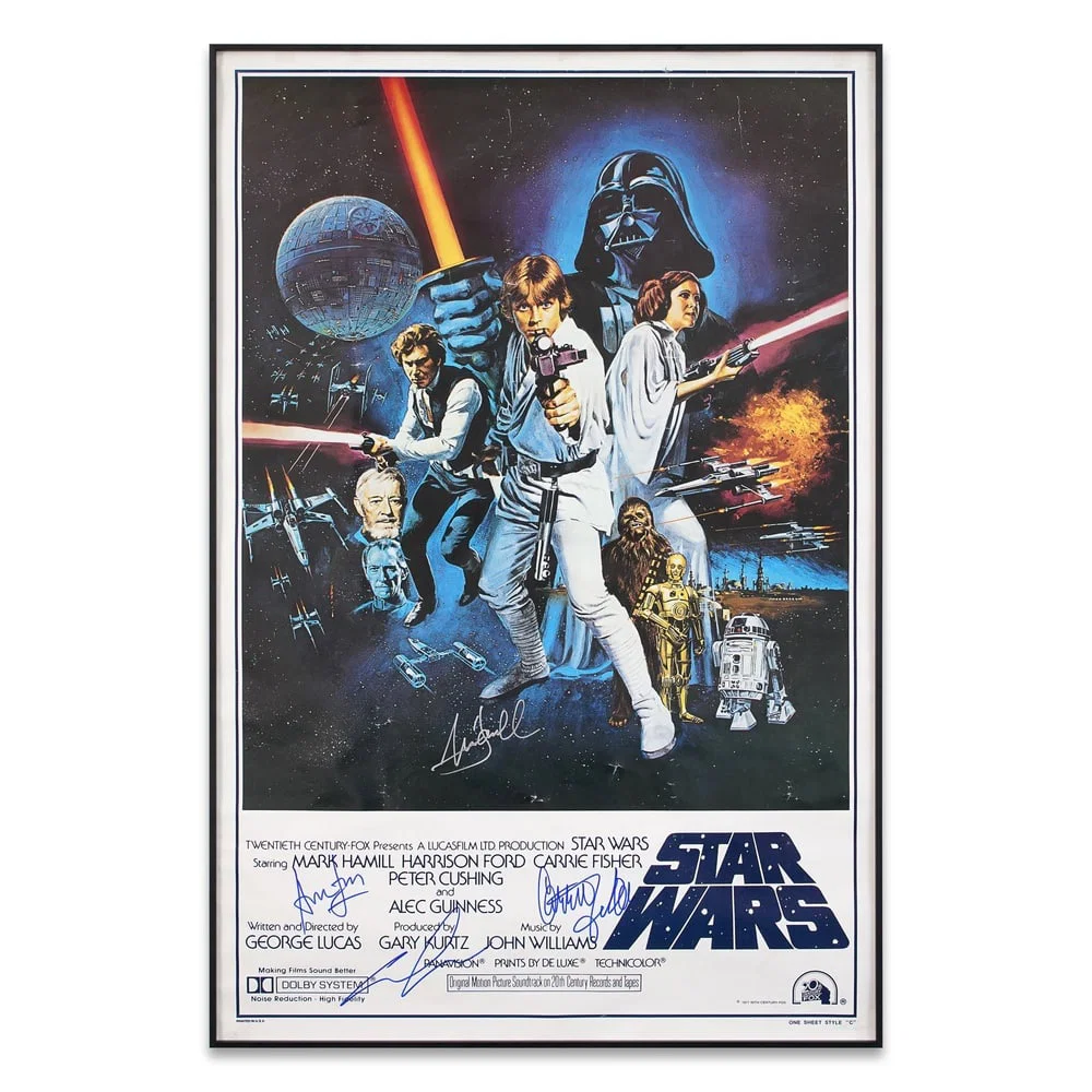 HARRISON FORD, GEORGE LUCAS, MARK HAMILL & CARRIE FISHER SIGNED STAR WARS ONE SHEET POSTER (1977