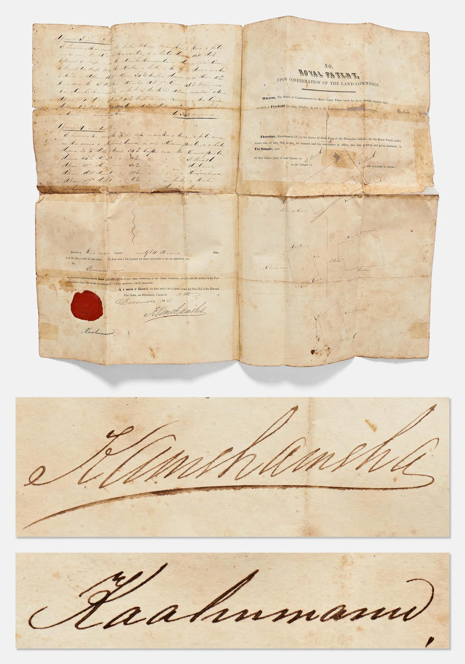 Hawaiian King Kamehameha IV & Princess Kaahumanu Signed Royal Patent, 1855