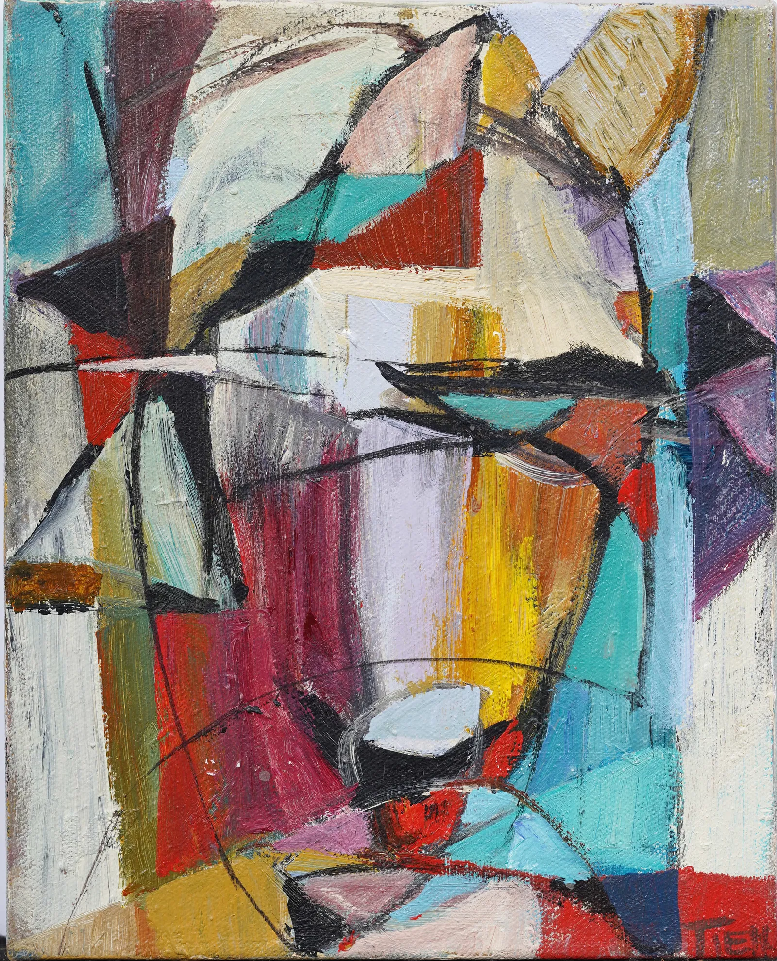 "Headtrips Series Y" Vintage Figural Abstract Expressionist Oil Painting Signed "Tien"