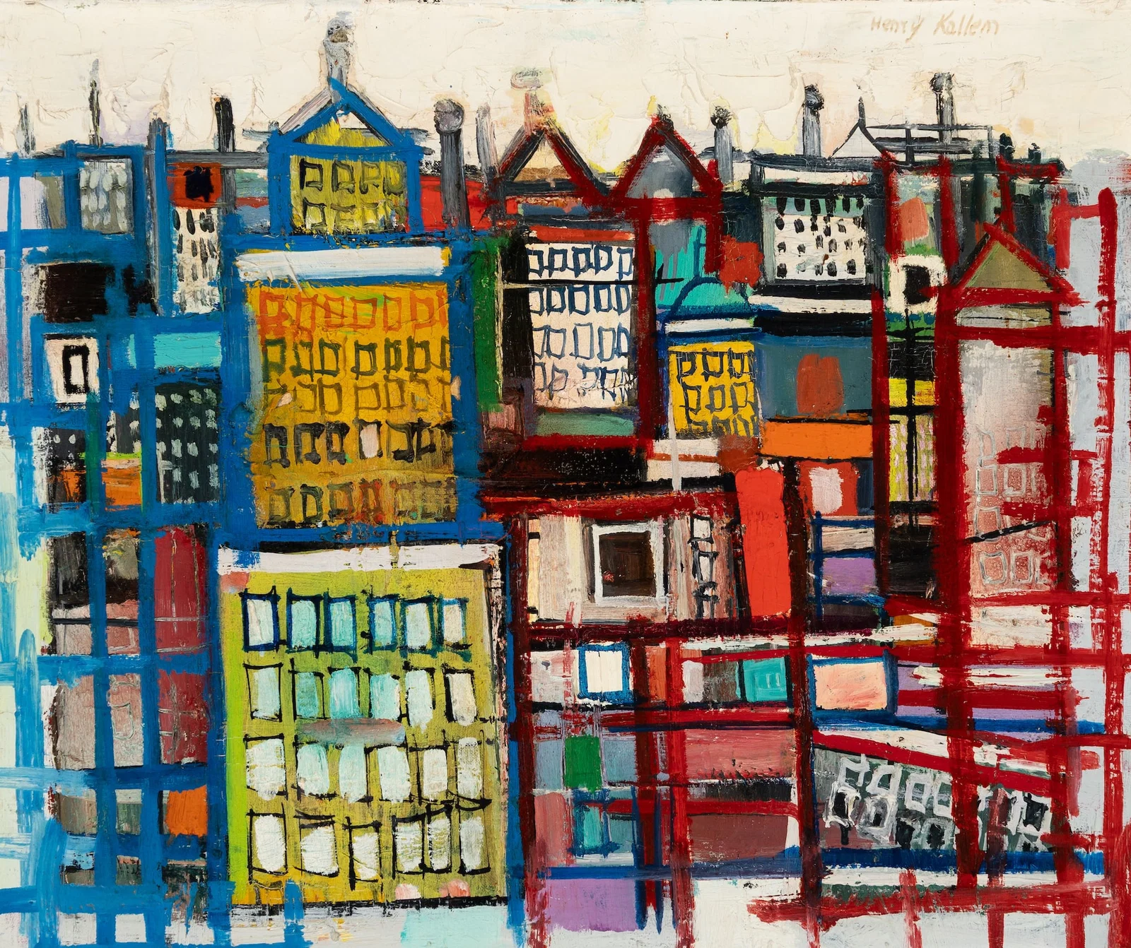 Henry Kallem (Am. 1912-1985), Fragments of Manhattan, East End, Oil on board, framed
