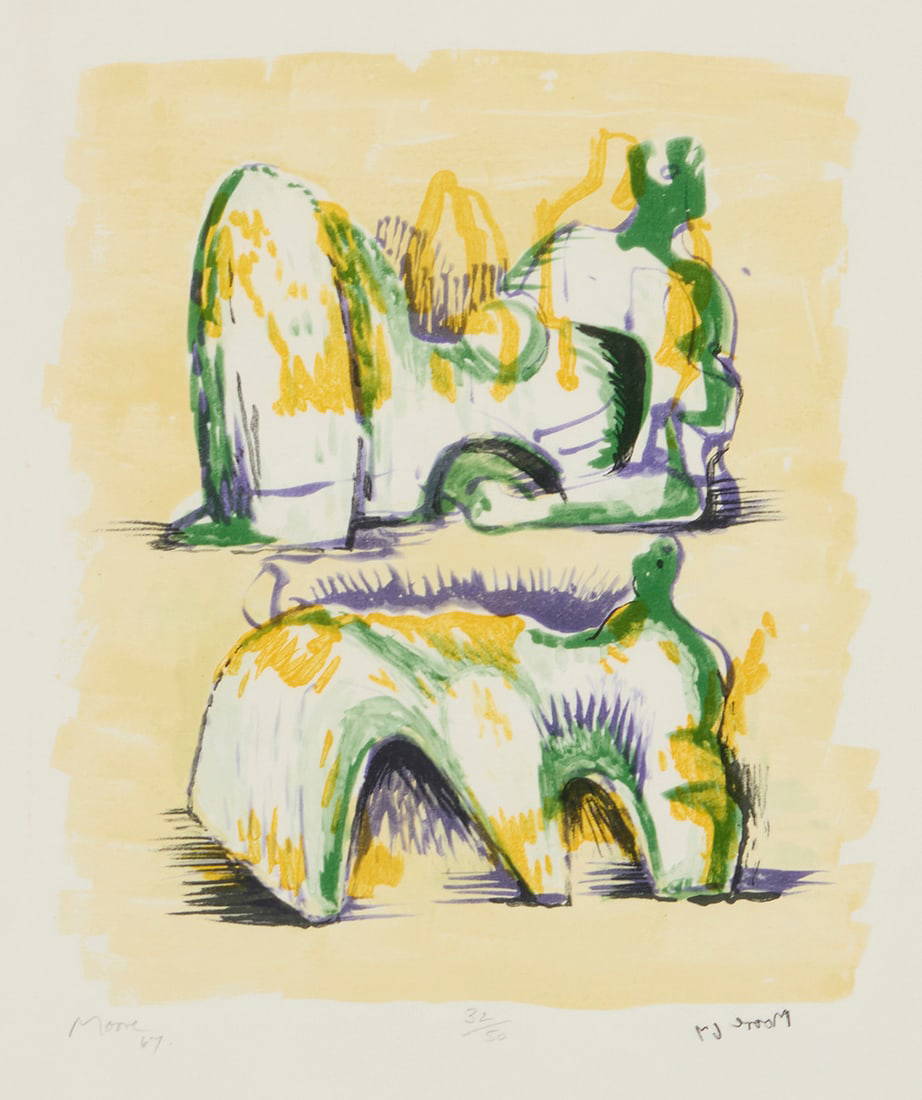 Henry Moore (1898-1986), "Two Reclining Figures in Yellow and Green," from "Meditations on the