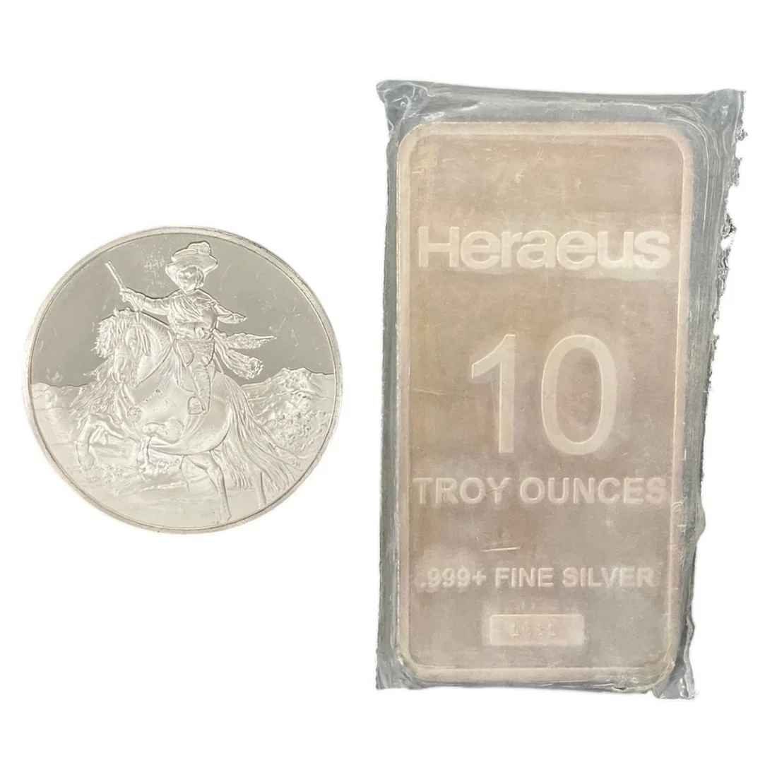 Heraeus 10 Troy Ounce .999 Fine Silver Bar with Silver Commemorative Coin