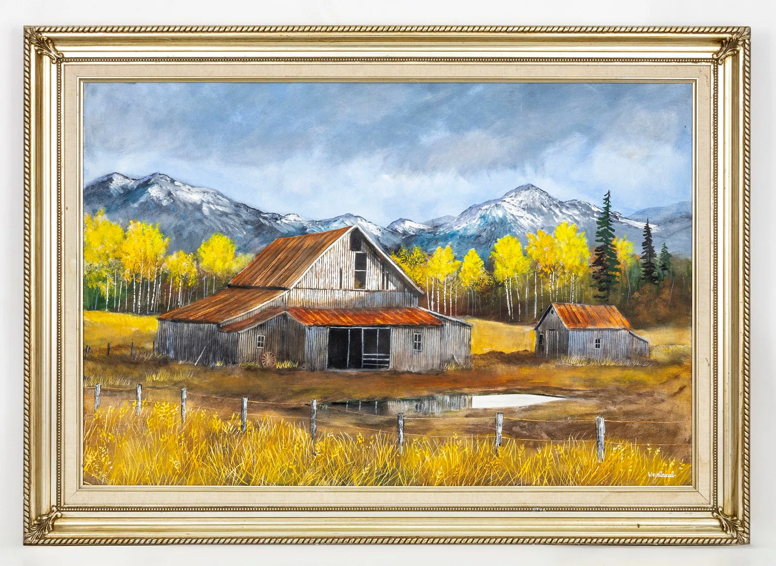 Herbert Weintraub (American, 1934-2019), Barn in Autumn Landscape, Oil on Canvas