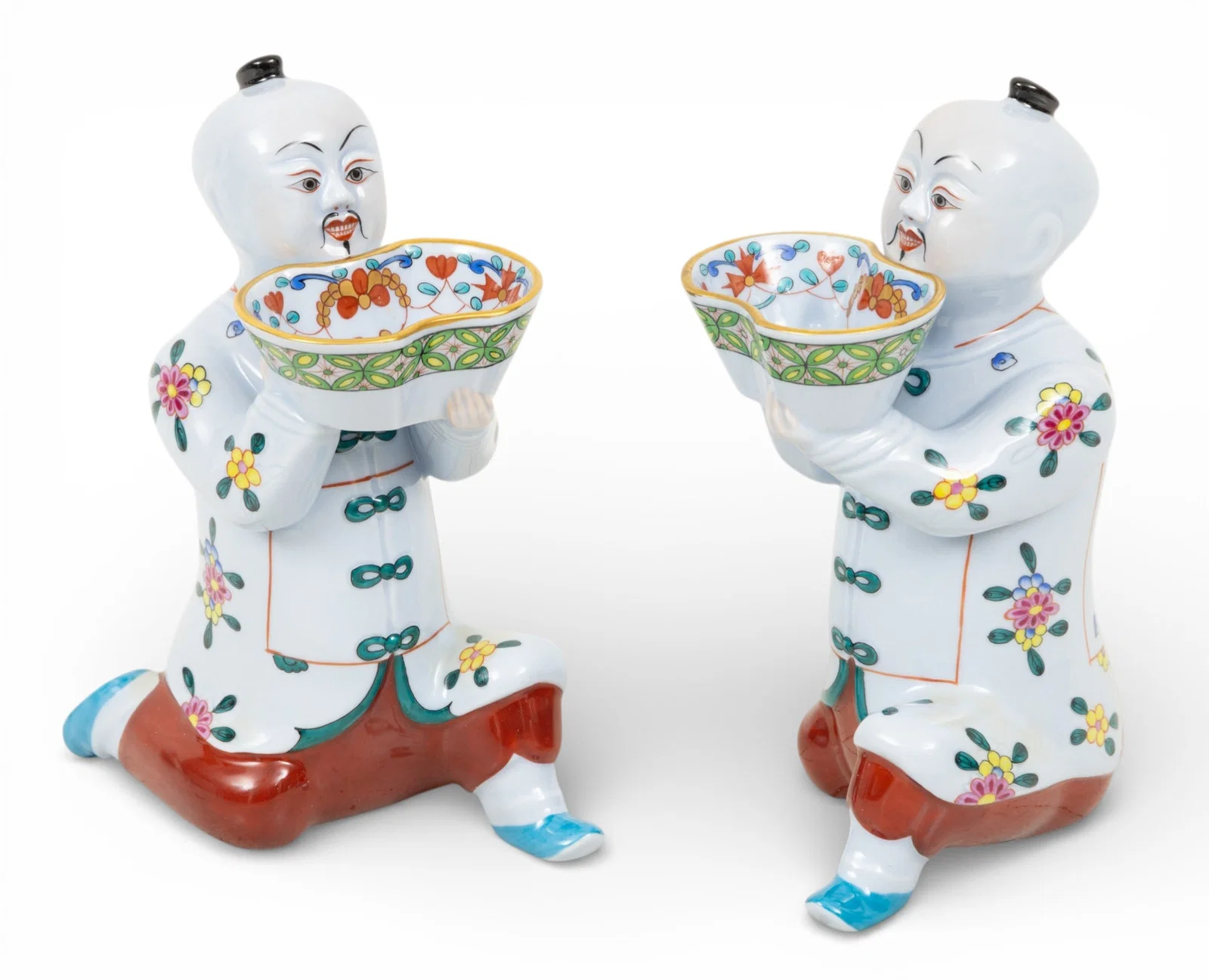Herend (Hungary) Hand Painted Porcelain Figures 20th C., 'Mandarin Boy with Bowl', H 7" 2 PCS
