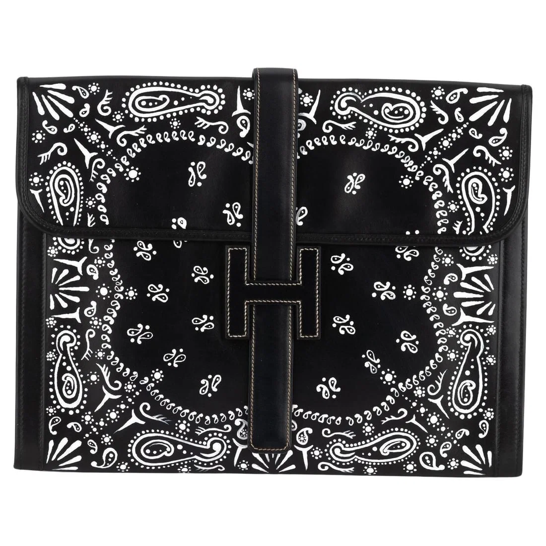 Hermes Black Box Jige Clutch Bag with Hand Painted Bandana Design