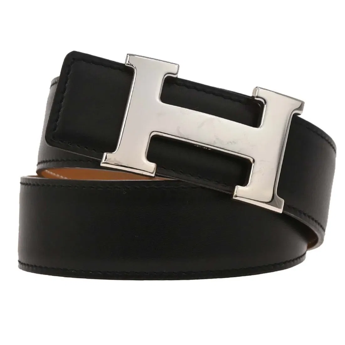 Hermes Black Gold Box Calf Constance Reversible Belt #65 Adjustable