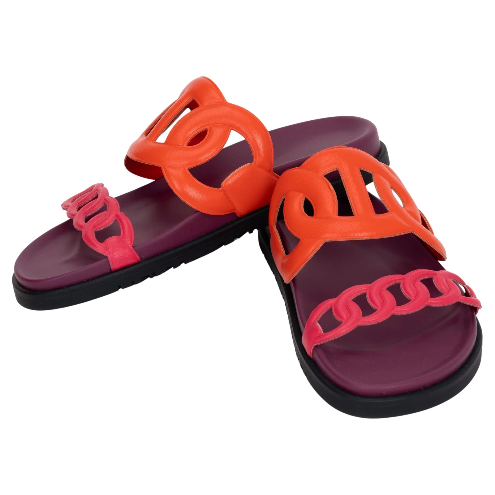 Hermes Chain D Ancre 38 Sandals Purple Orange Fuchsia Leather