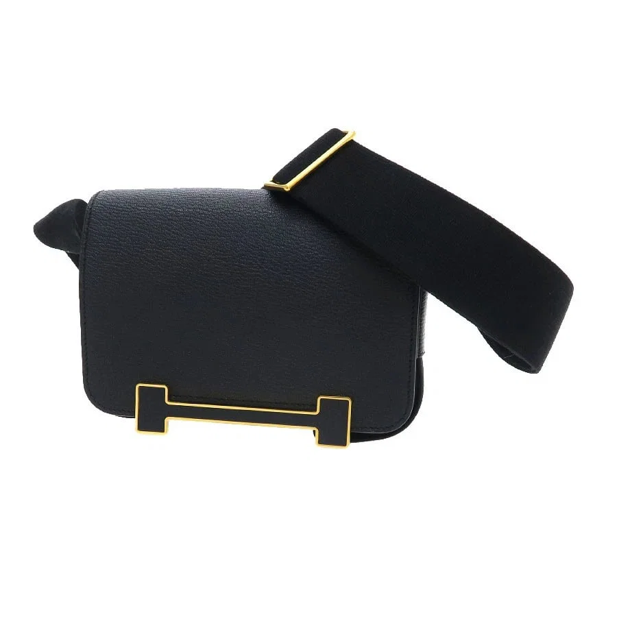 HERMES GETA SHOULDER BAG GOLD HARDWARE BLACK SHEEPSKIN