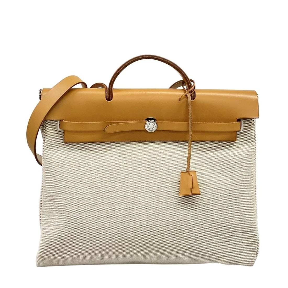 HERMES HER BAG MM CREAM NATURAL TOILE H LEATHER SQUARE G HANDBAG