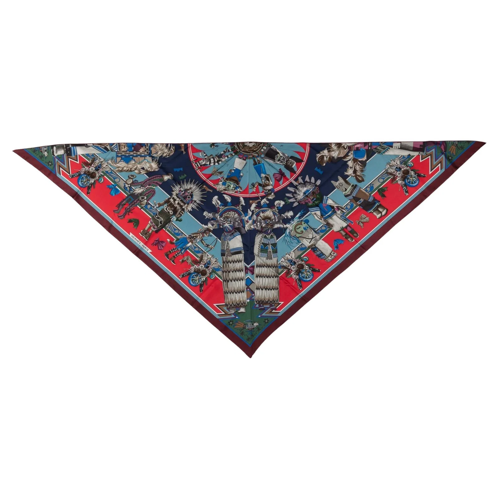 Hermes Kachinas Pointe Blue Red Silk Shawl 27x82 with Box