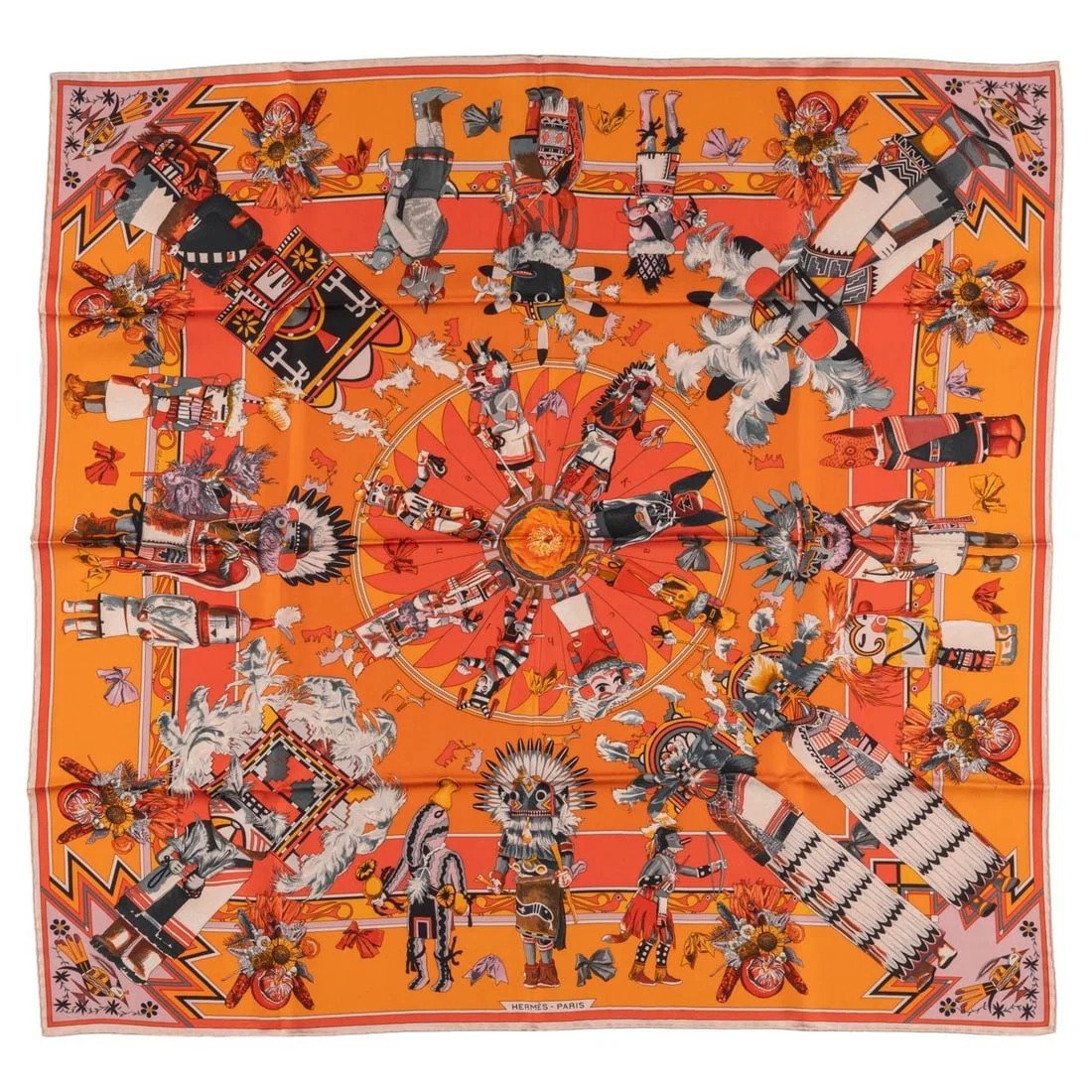Hermes Kachinas Silk Scarf 35 in Orange by Kermit Oliver