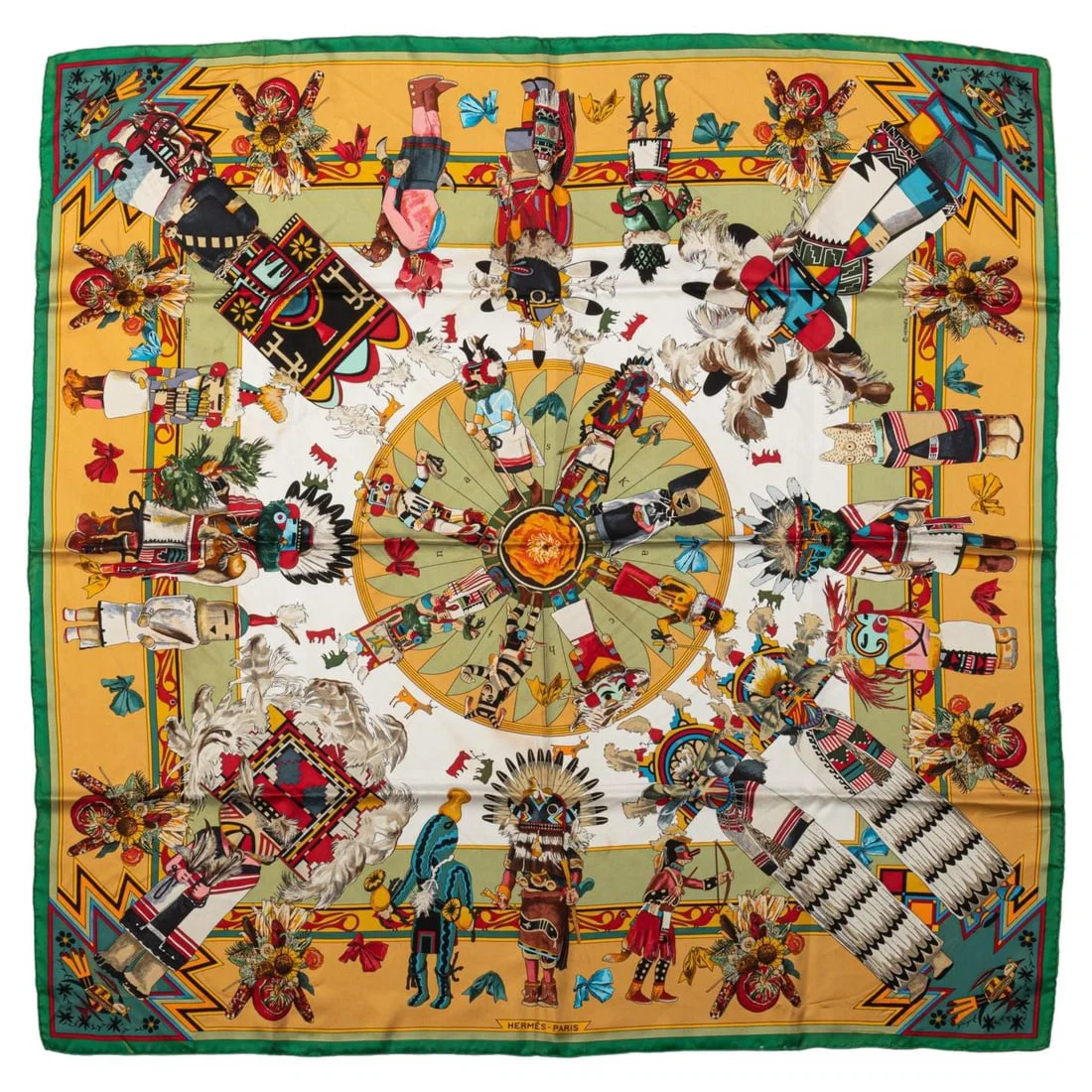 Hermes Kachinas Silk Scarf by Kermit Oliver Mustard 35 in