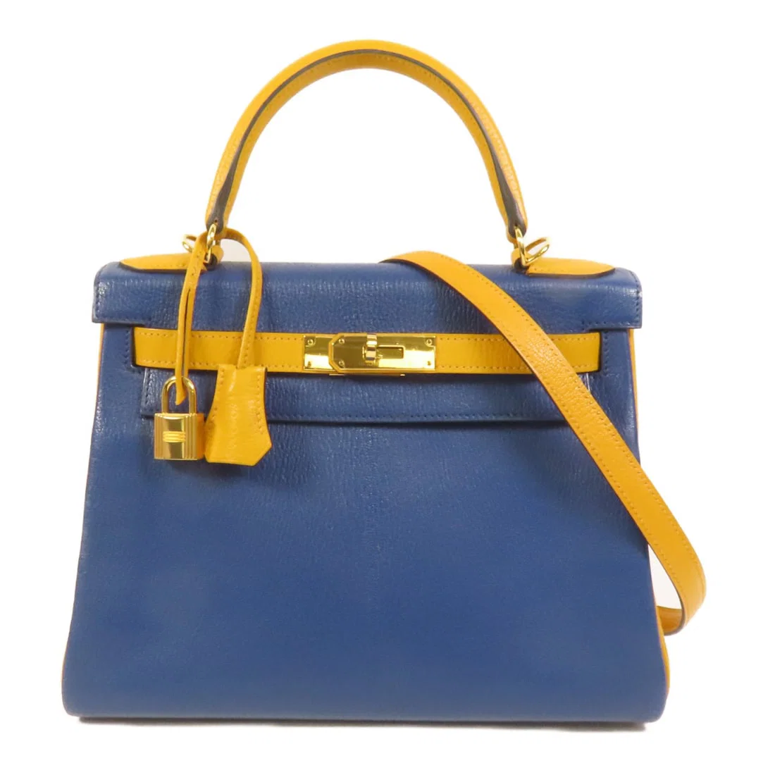 Hermes Kelly 28 Blue Goatskin Shoulder Bag with Gold Hardware