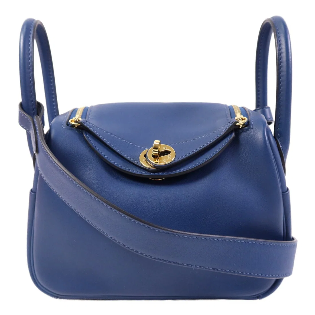 Hermes Mini Lindy Navy Swift Leather Shoulder Bag with Gold Hardware