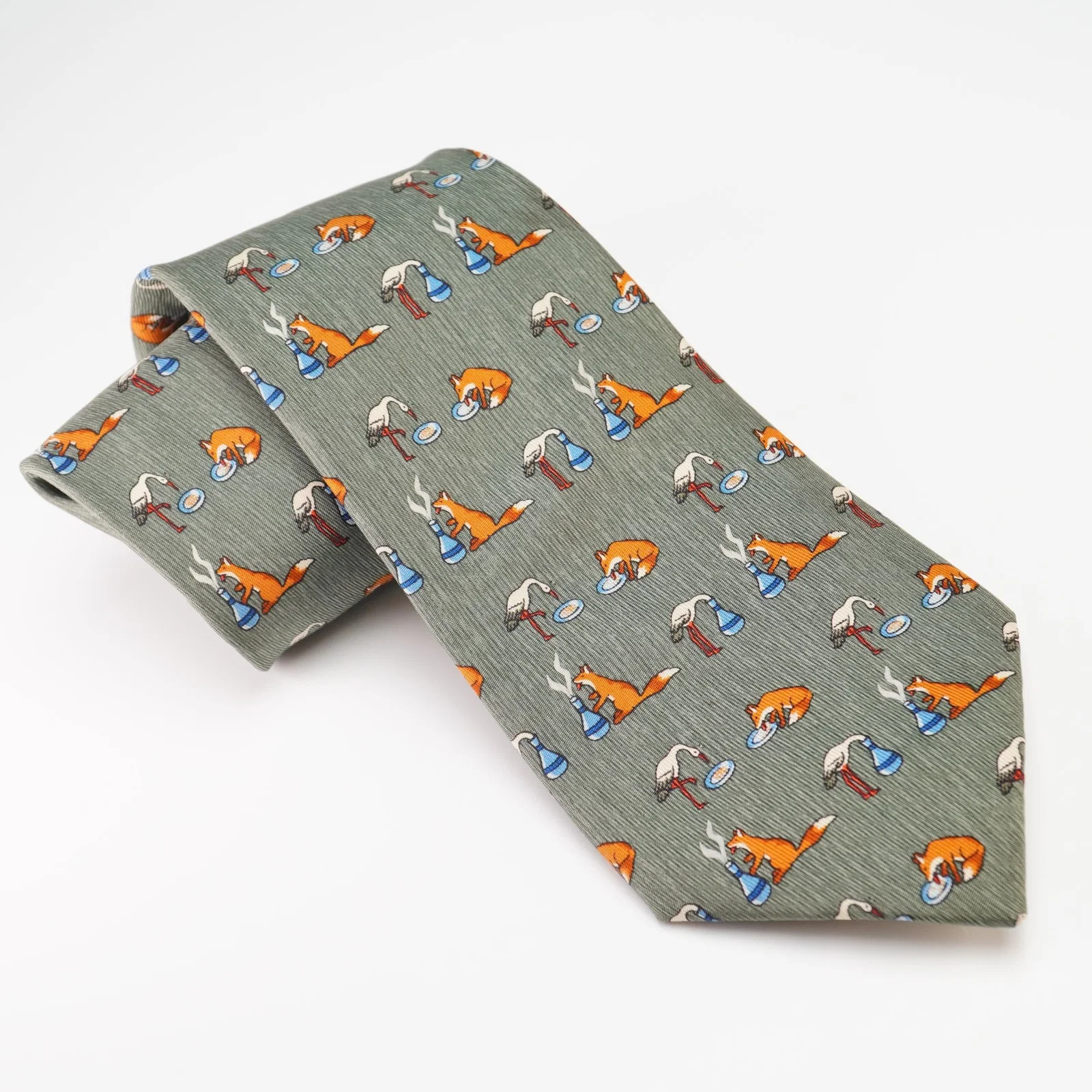 Hermes Paris Silk Tie, Fox and Stork Fable Print, Bird & Dog Patterned
