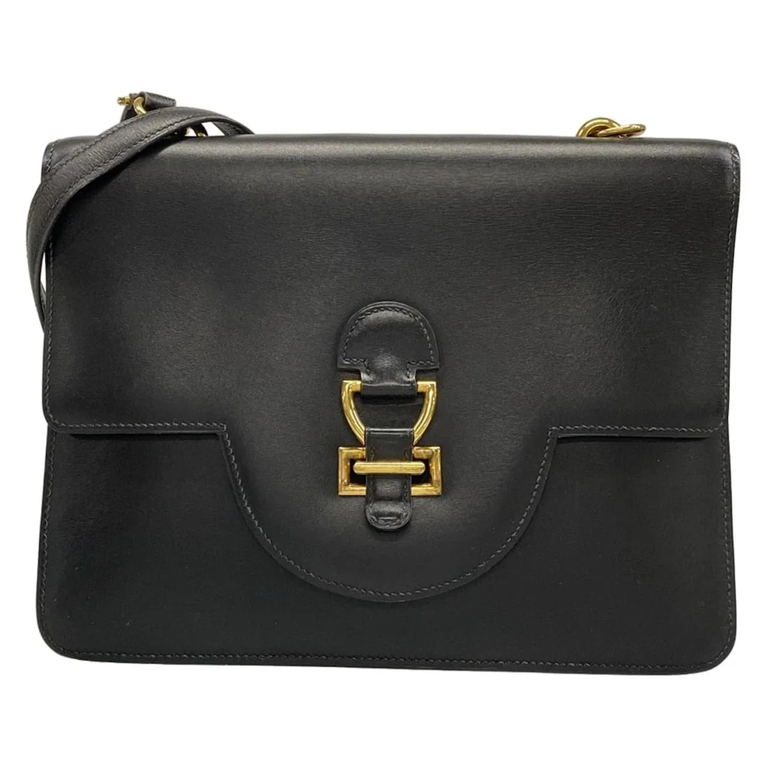 HERMES SANDRINE - BLACK BOX CALF CIRCLE D SHOULDER BAG