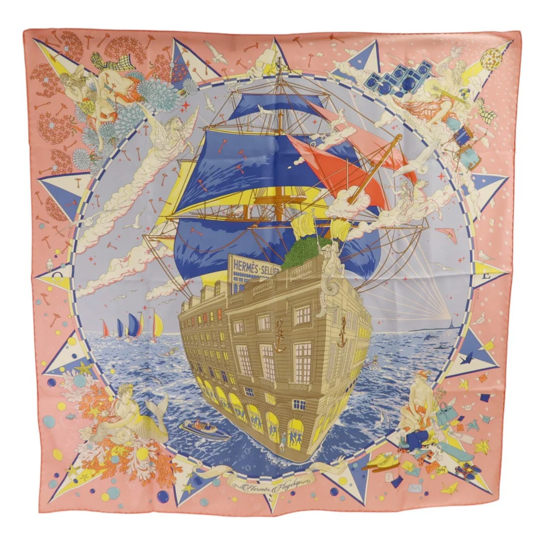 Hermes Silk Scarf 90x90 Pink Blue Multicolor France