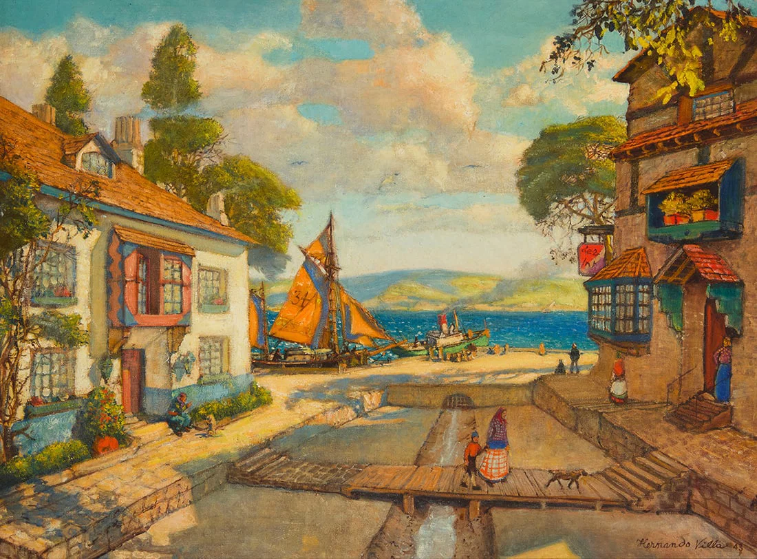 Hernando Gonzallo Villa (1881-1952), Harbor village with townspeople, 1943