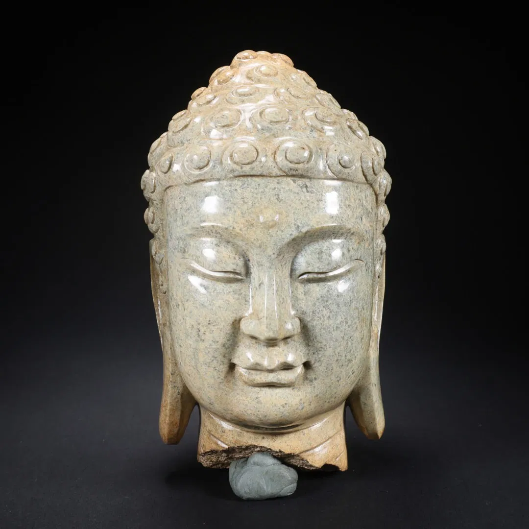 HETIAN JADE BUDDHA HEAD WITH MONK KNOB