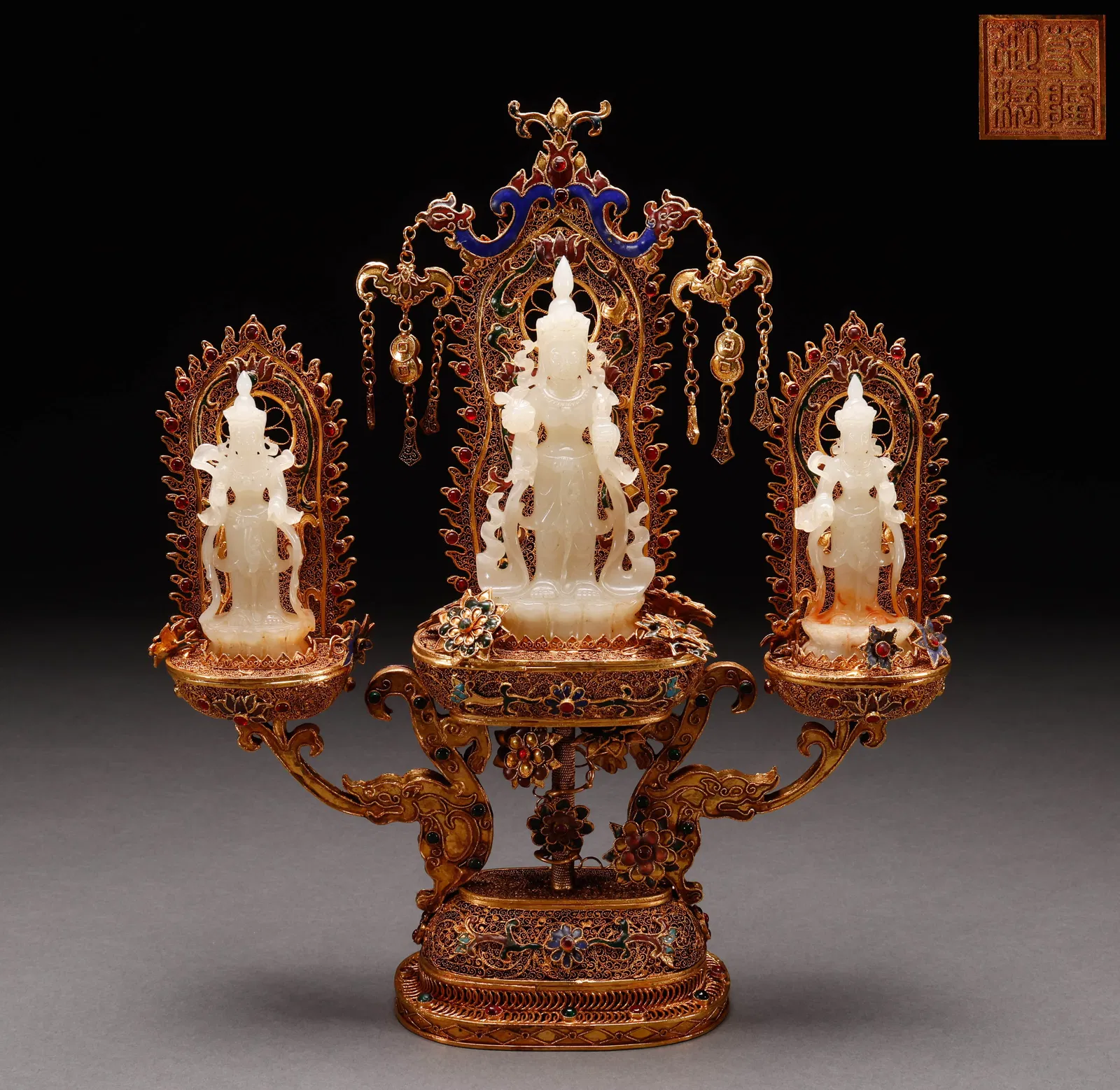 Hetian Jade Buddha of the Qing Dynasty (copper gilded base)