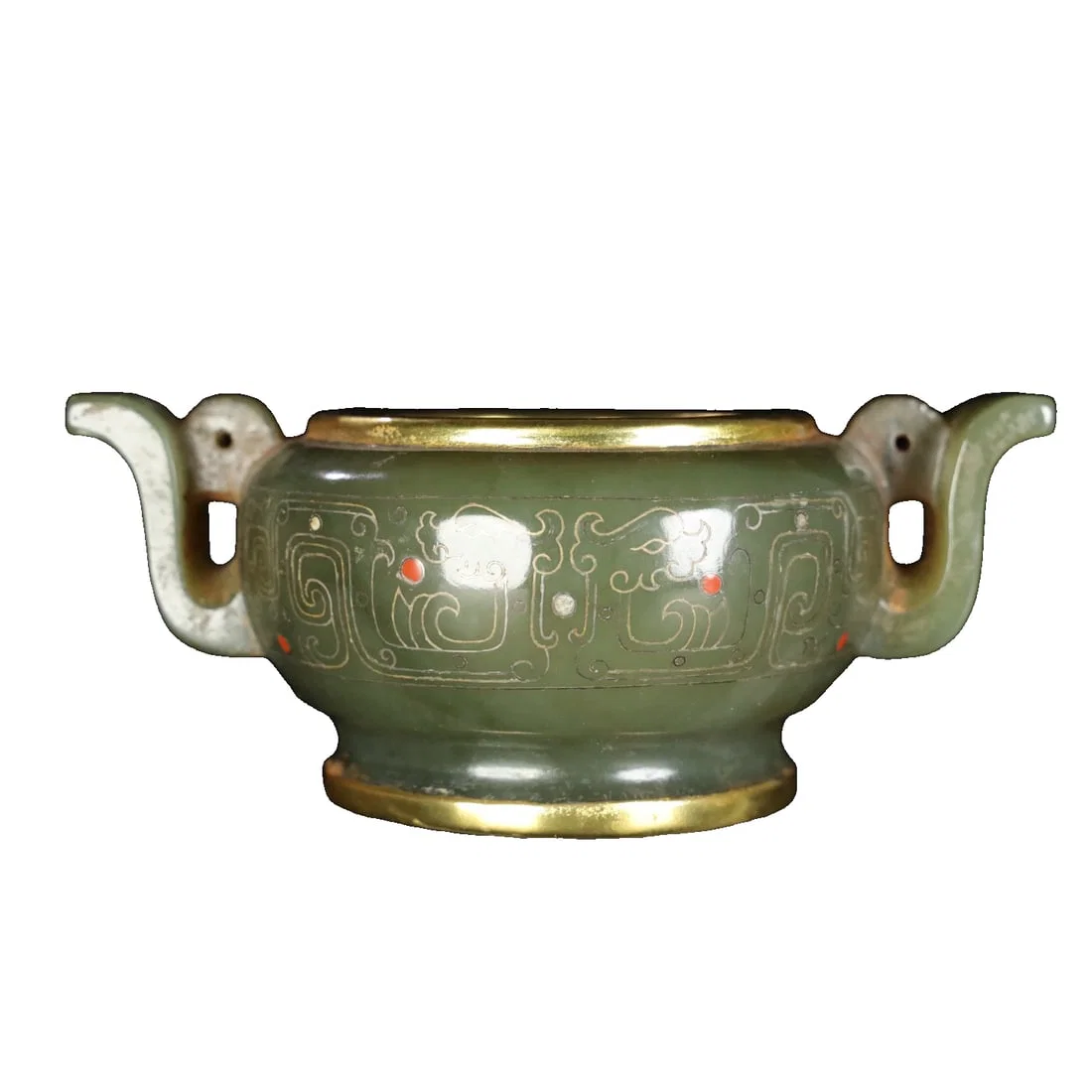 Hetian jade incense burner with gold trim