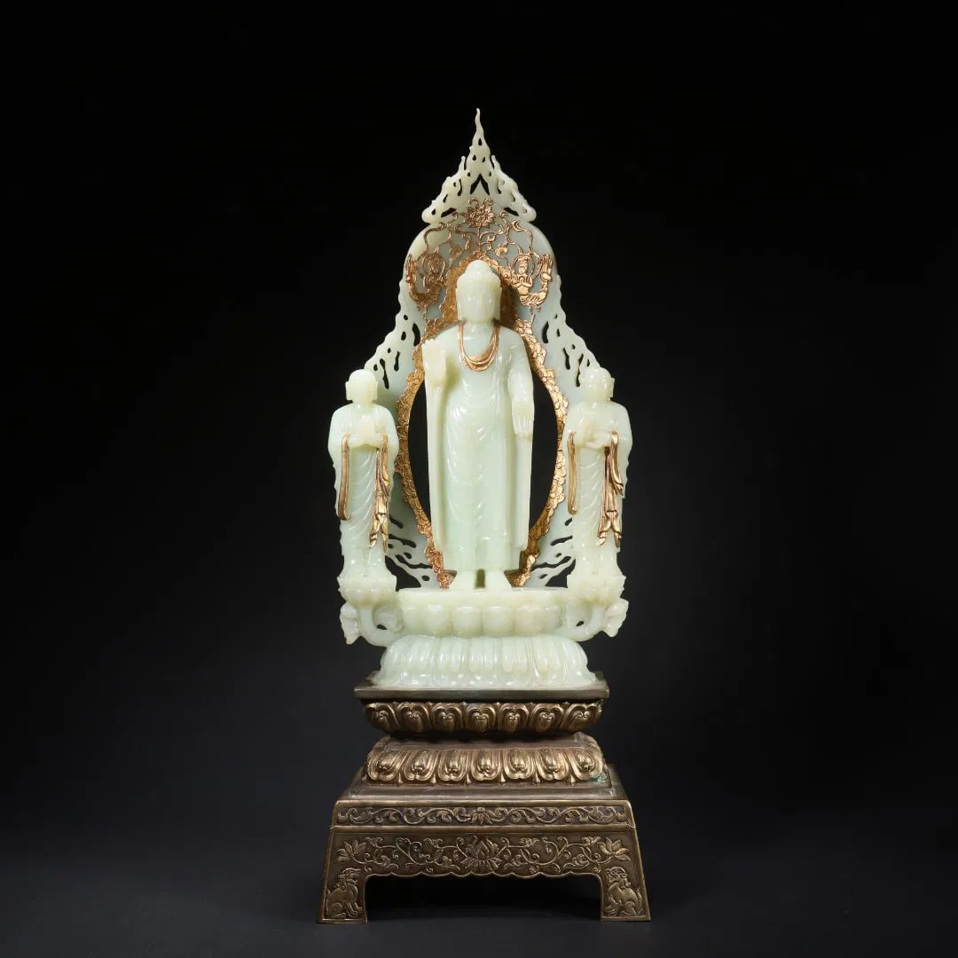 HETIAN JADE THREE TREASURES BUDDHA ON SILVER-GILT BASE