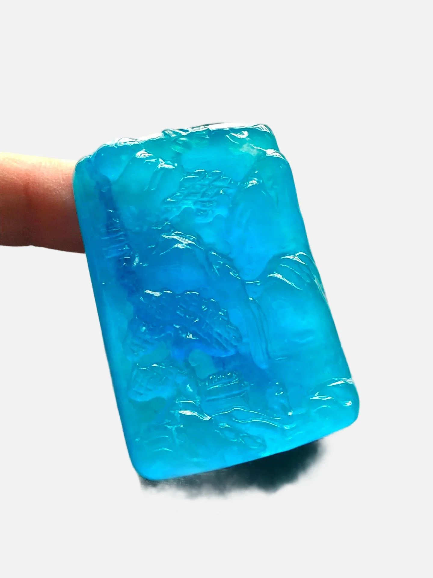 High-ice, high-fluorescence ocean blue jadeite extra-thick relief landscape plaque