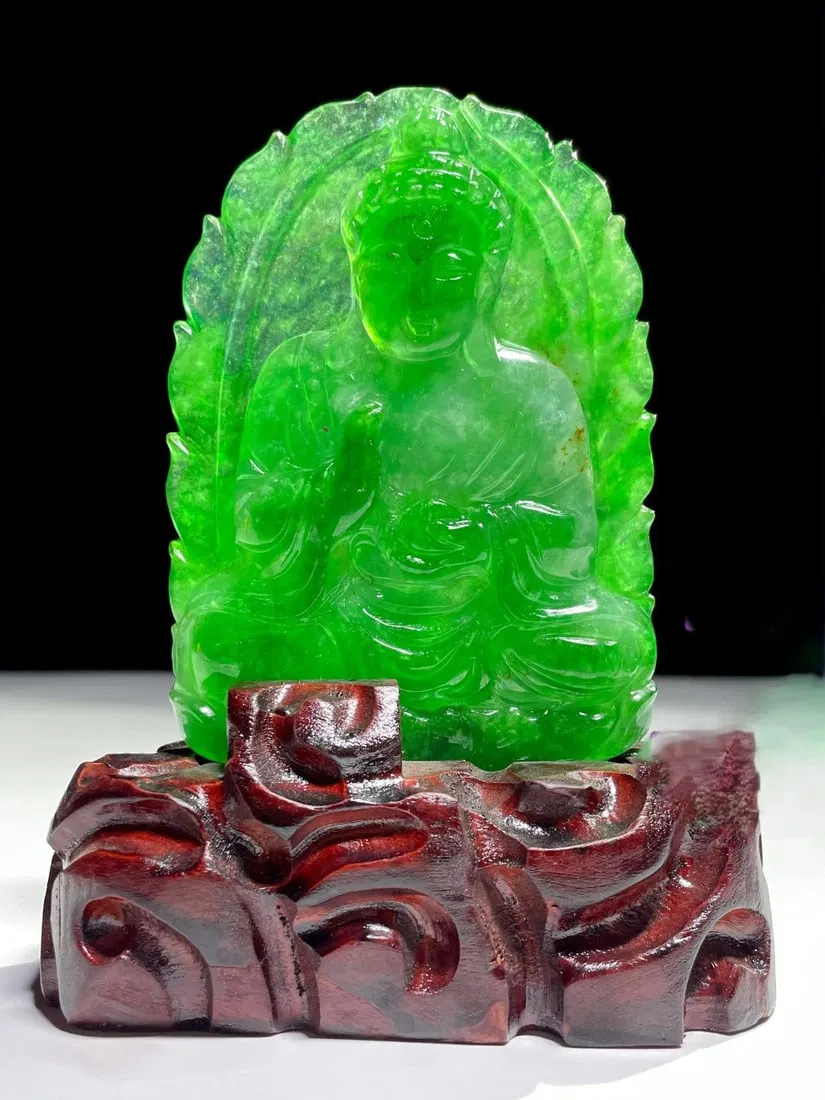 High-Ice Imperial Green Dragon Stone Jadeite Buddha Statue