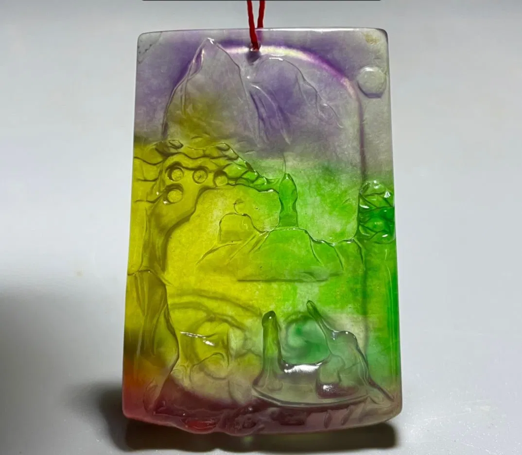 High-quality icy four-color old jadeite landscape plaque