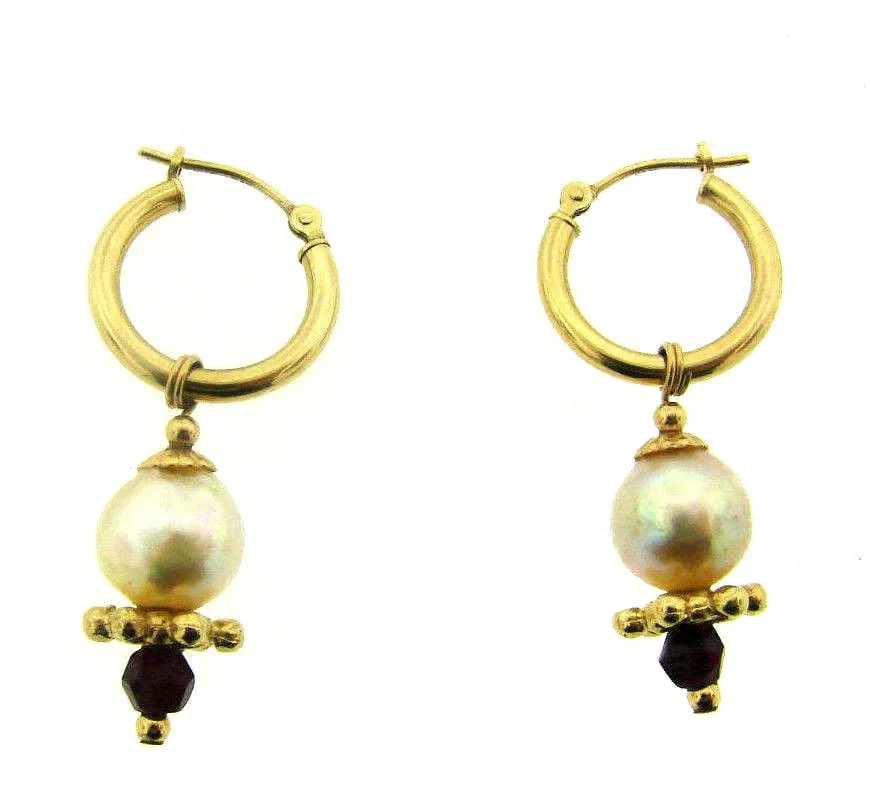 HILARY BEANE 14K YELLOW GOLD HOOP TWO IN ONE STYLES DANGLE EARRINGS PEARL GARNET
