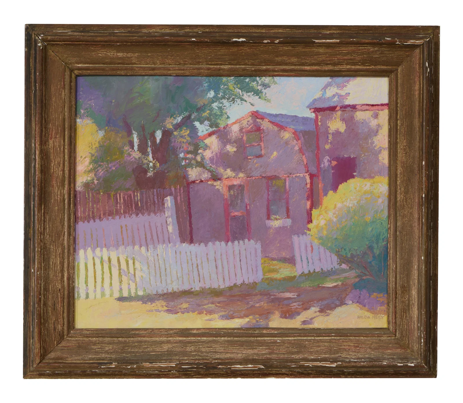 Hilda Neily (American/ Cape Cod School, b. 1947), "Sunlit Cottage with Picket Fence," H.- 16 1/4