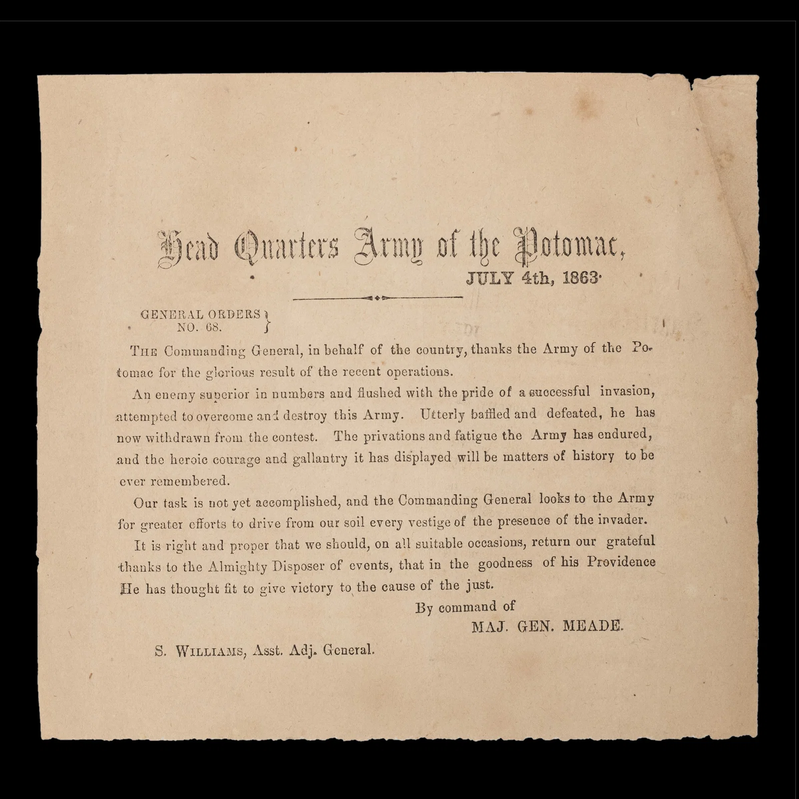 Historic Gettysburg Victory Order: Issued July 4th, 1863