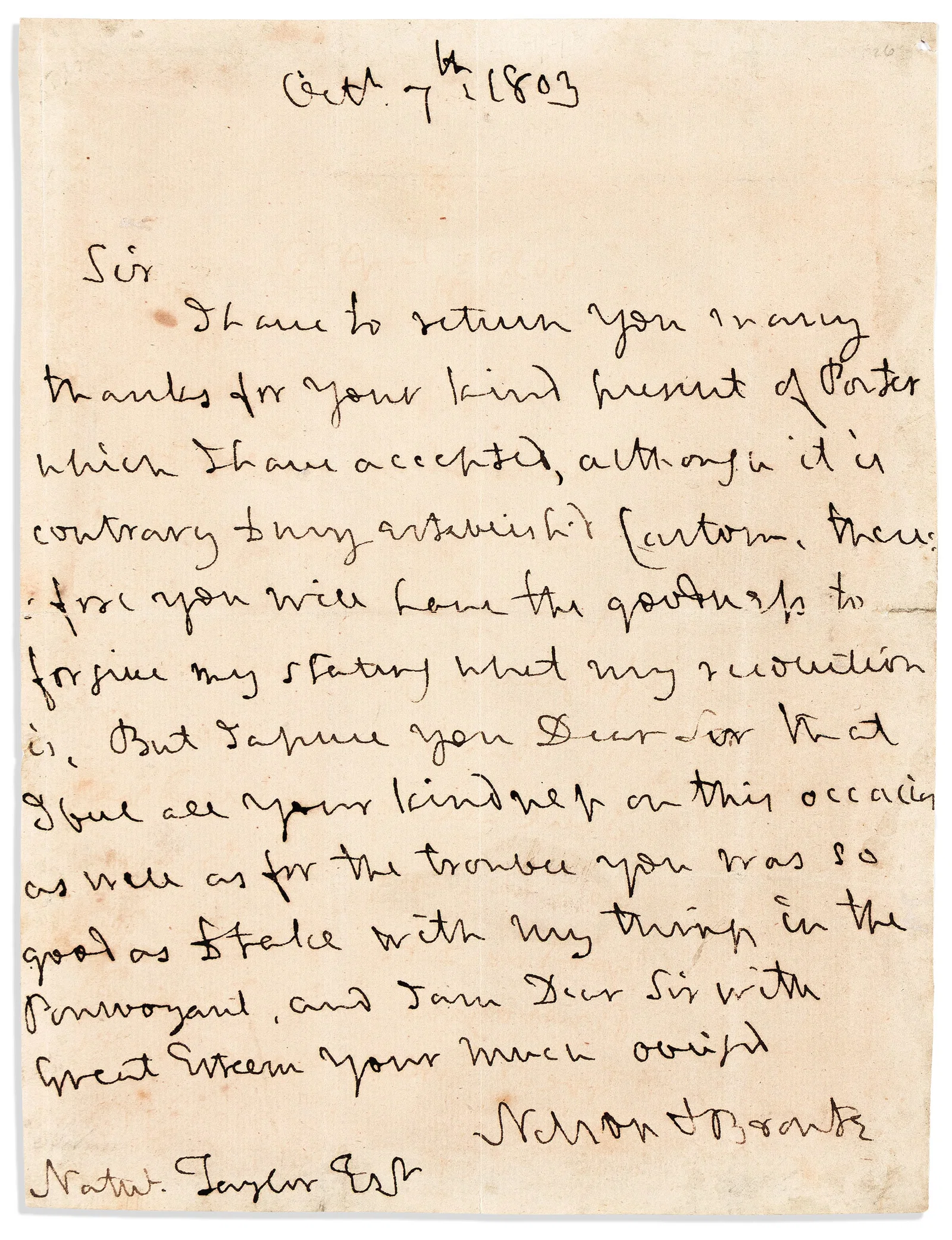 Horatio Nelson. Autograph Letter Signed, "Nelson & Bronte," to Naval officer in Malta Nathaniel