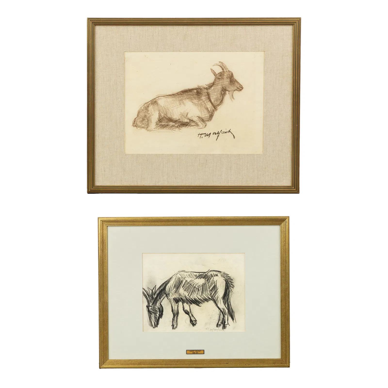 Hubert Malfait (1898-1971) 'Grazing Donkey' and 'Reclining Goat', charcoal on paper.