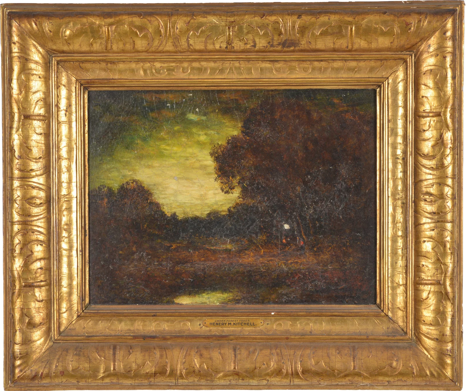 Hudson Mindell Kitchell. American. "Under Forest Trees". Dusk landscape with figures. Oil on canvas,