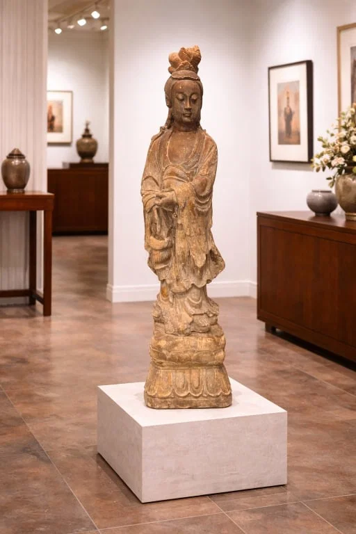 HUGE GUANYIN CARVED STONE STATUE PEDESTAL BASE 47"