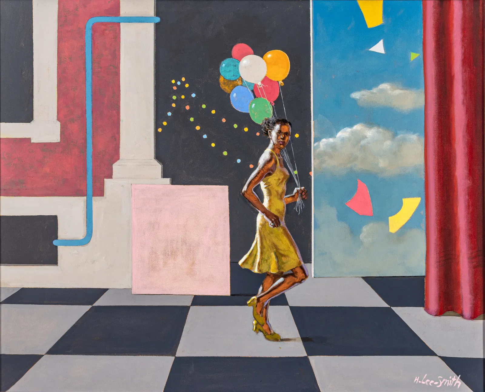 Hughie Lee-Smith (American, 1915-1999) Oil on Linen 1996, 'The Yellow Dress', H 40" W 50" Frame