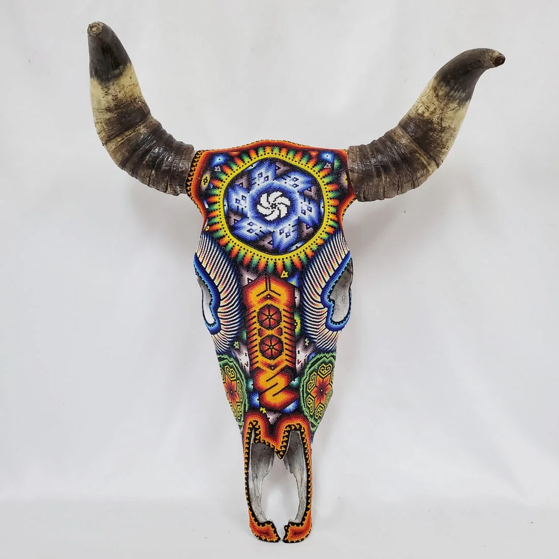 Huichol Color Beaded Longhorn Bull Skull