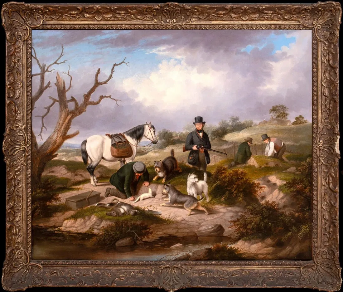 HUNTSMEN AND TERRIERS & FERRETS RABBITING OIL PAINTING